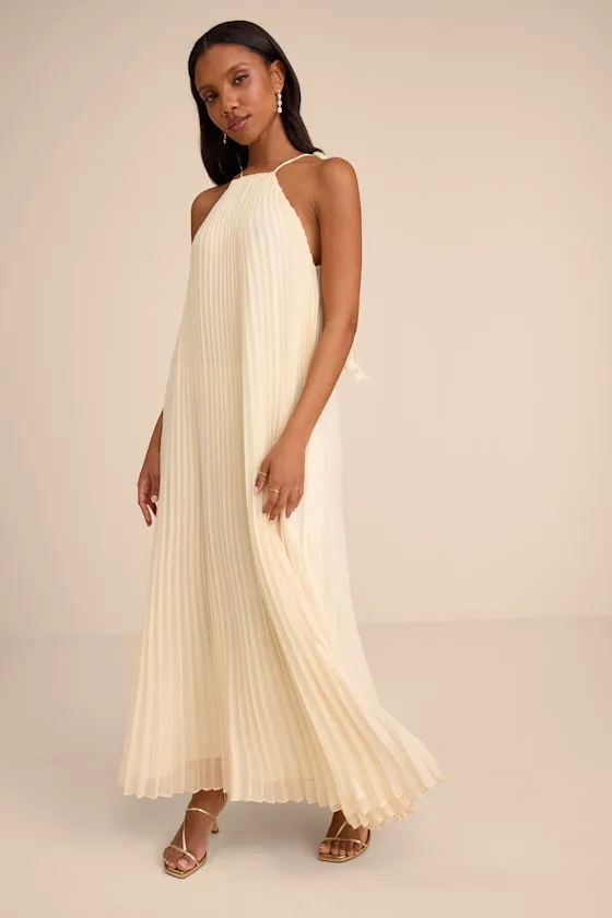 Naylani Cream Pleated Tie-Strap Maxi Dress sold by Lulus