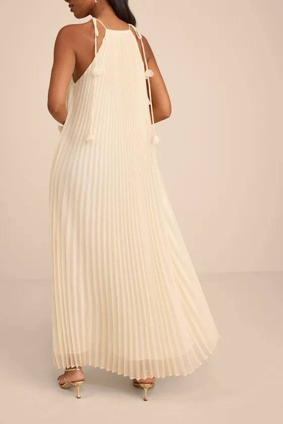 Naylani Cream Pleated Tie-Strap Maxi Dress sold by Lulus product image thumbnail 3