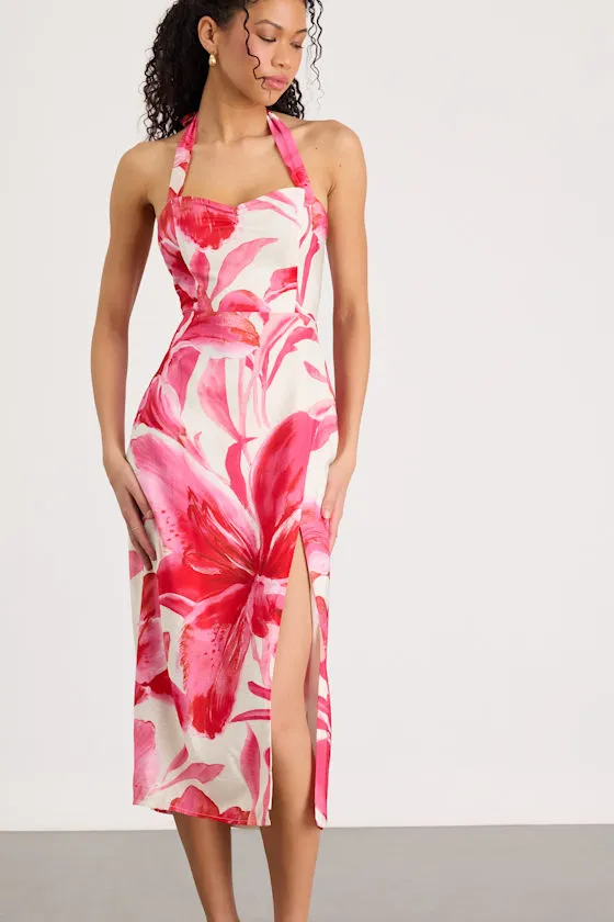 Leilanna Hot Pink Multi Floral Print Halter Midi Dress sold by Lulus product image thumbnail 3