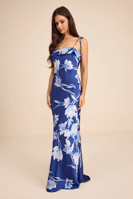 Florine Blue Floral Satin Tie-Strap Maxi Dress sold by Lulus