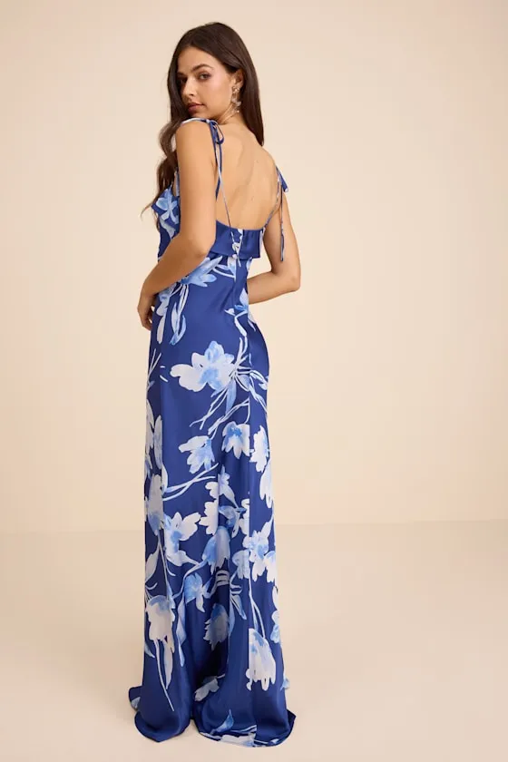 Florine Blue Floral Satin Tie-Strap Maxi Dress sold by Lulus product image thumbnail 3