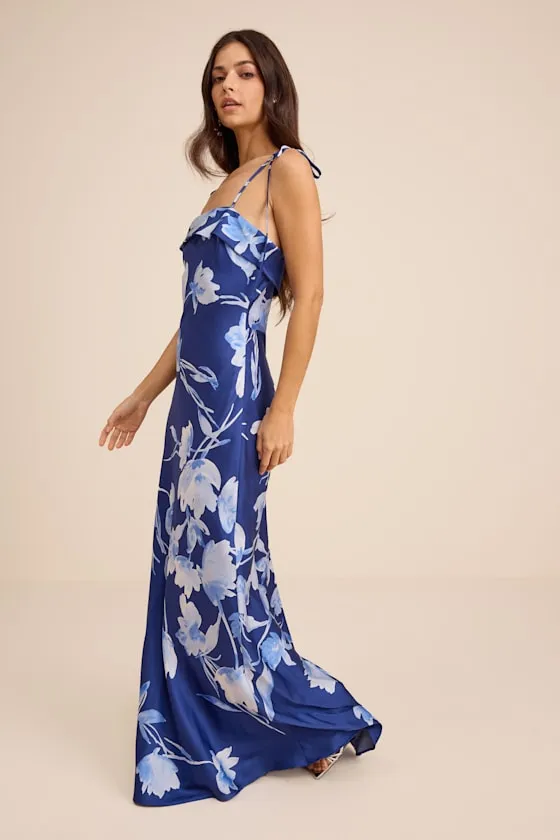 Florine Blue Floral Satin Tie-Strap Maxi Dress sold by Lulus product image thumbnail 4