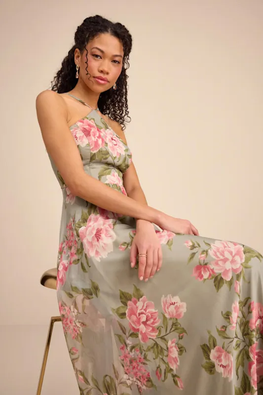 Romantic Marvel Sage Floral Print Halter Neck Maxi Dress made by Lulus