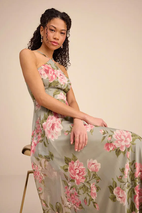 Romantic Marvel Sage Floral Print Halter Neck Maxi Dress sold by Lulus