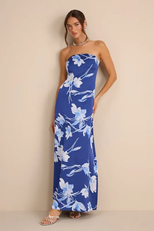 Arisa Blue Floral Satin Strapless Maxi Dress made by Lulus