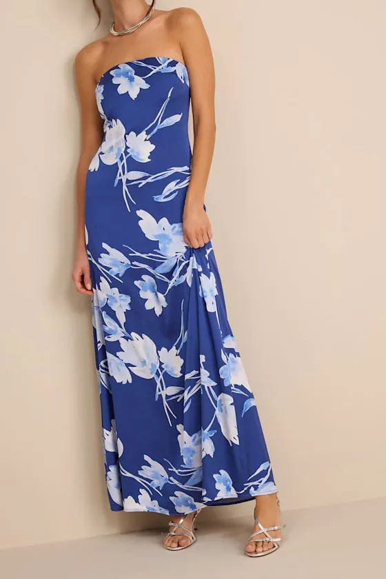 Arisa Blue Floral Satin Strapless Maxi Dress sold by Lulus product image thumbnail 2