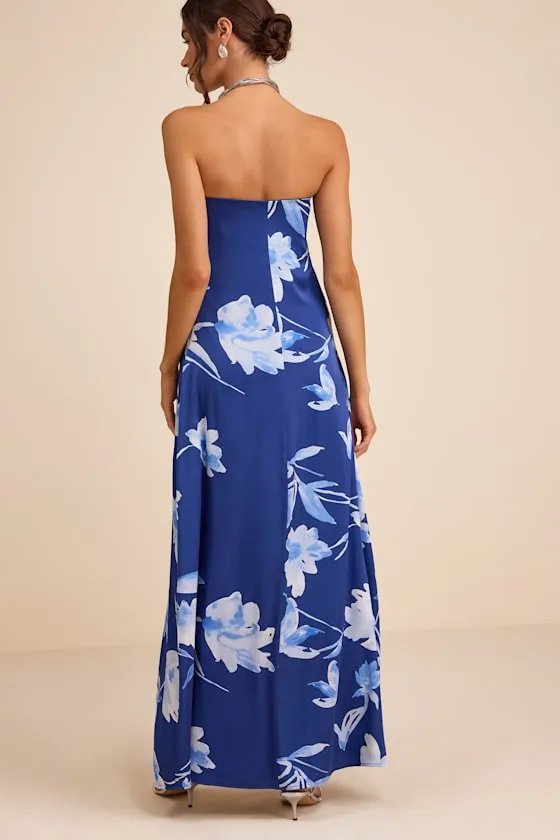 Arisa Blue Floral Satin Strapless Maxi Dress sold by Lulus product image thumbnail 3