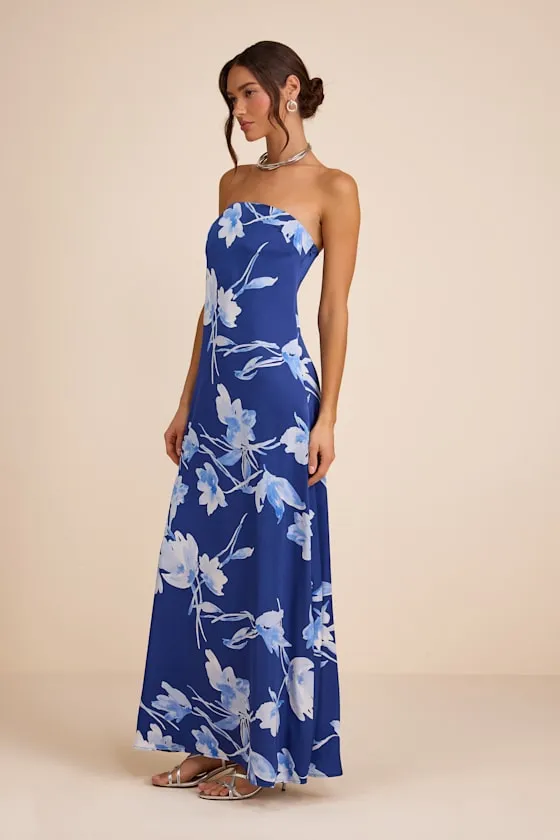 Arisa Blue Floral Satin Strapless Maxi Dress sold by Lulus product image thumbnail 4