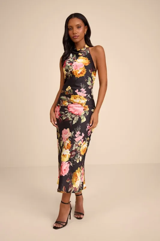 Alandra Black Multi Floral Satin Halter Midi Dress made by Lulus