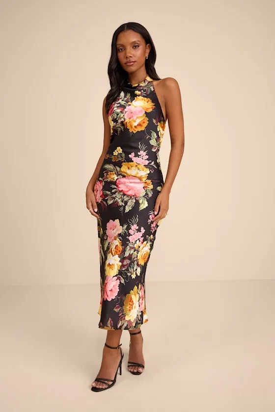Alandra Black Multi Floral Satin Halter Midi Dress sold by Lulus