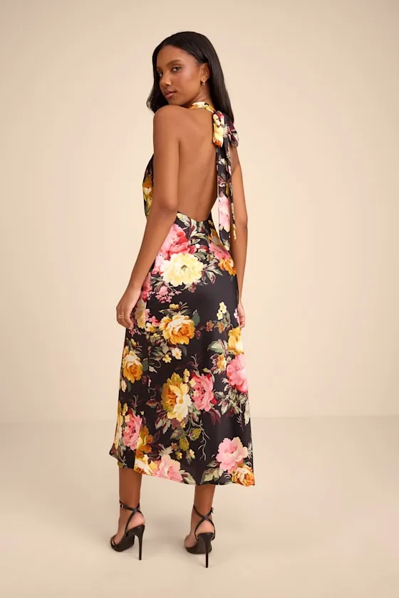 Alandra Black Multi Floral Satin Halter Midi Dress sold by Lulus product image thumbnail 3