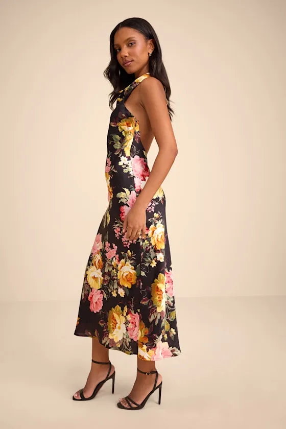 Alandra Black Multi Floral Satin Halter Midi Dress sold by Lulus product image thumbnail 4