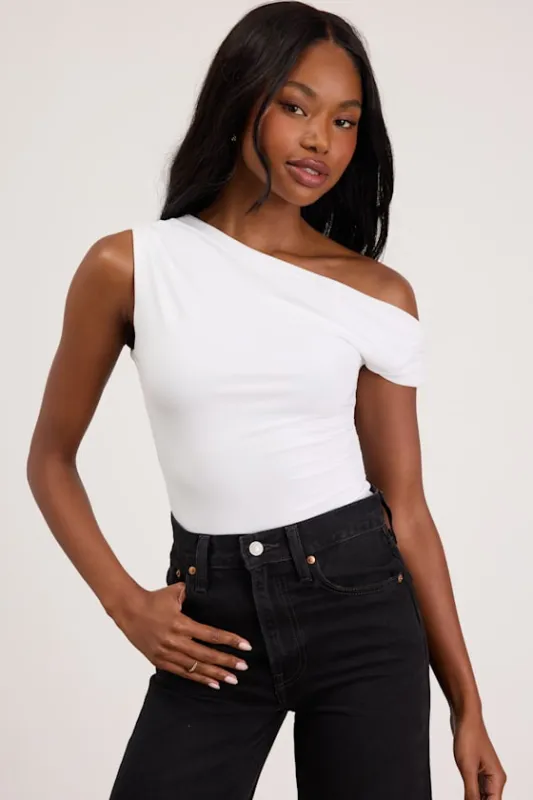 Lulah Ivory Slinky Knit Asymmetrical Bodysuit made by Lulus