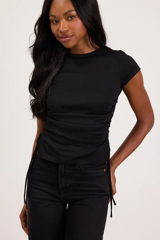 Sweet Forever Black Burnout Ruched Short Sleeve Tee sold by Lulus