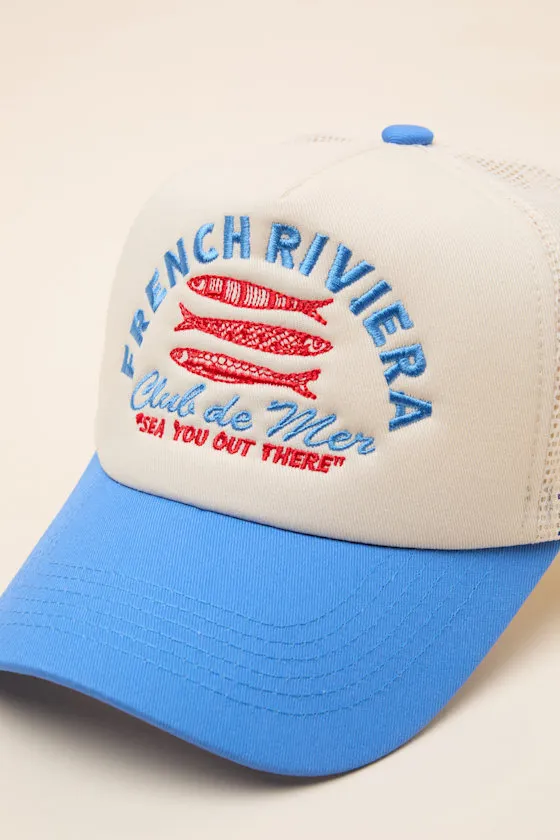 French Riviera Cream and Blue Mesh Trucker Hat sold by Lulus