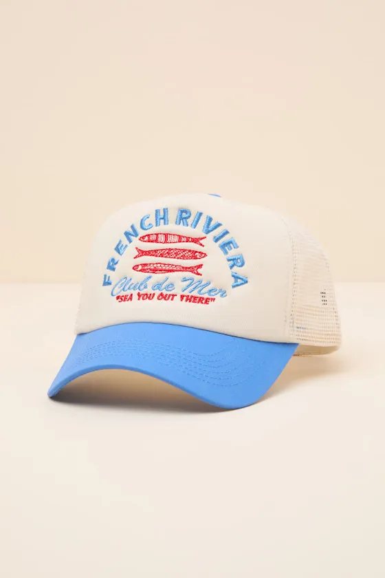 French Riviera Cream and Blue Mesh Trucker Hat sold by Lulus product image thumbnail 2