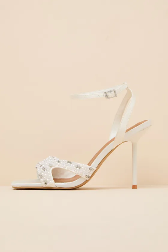 Jenni White Satin Beaded Ankle Strap High Heel Sandals sold by Lulus product image thumbnail 2