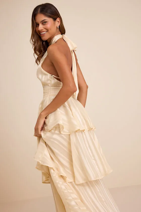 Jennica Pale Yellow Striped Satin Tiered Midi Dress sold by Lulus product image thumbnail 2