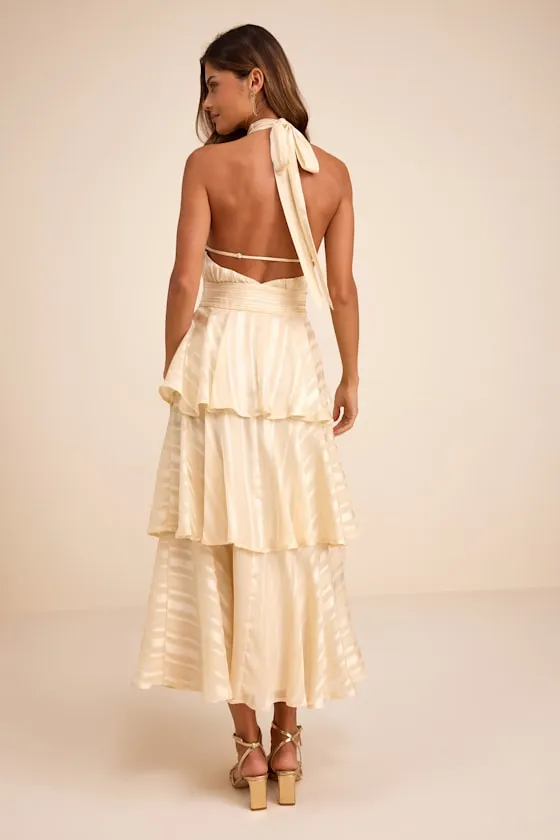 Jennica Pale Yellow Striped Satin Tiered Midi Dress sold by Lulus product image thumbnail 3