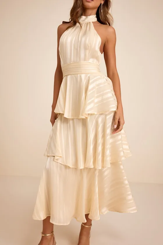 Jennica Pale Yellow Striped Satin Tiered Midi Dress sold by Lulus product image thumbnail 4