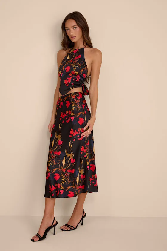 Jules Black Multi Floral Satin Two-Piece Midi Dress sold by Lulus