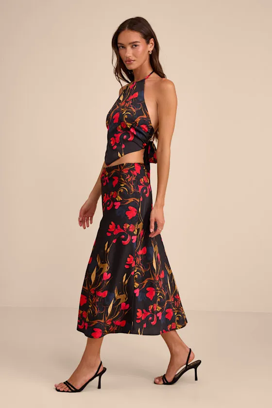 Jules Black Multi Floral Satin Two-Piece Midi Dress sold by Lulus product image thumbnail 4