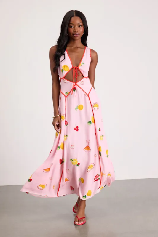 Nabina Light Pink Multi Print Tie-Front Maxi Dress made by Lulus