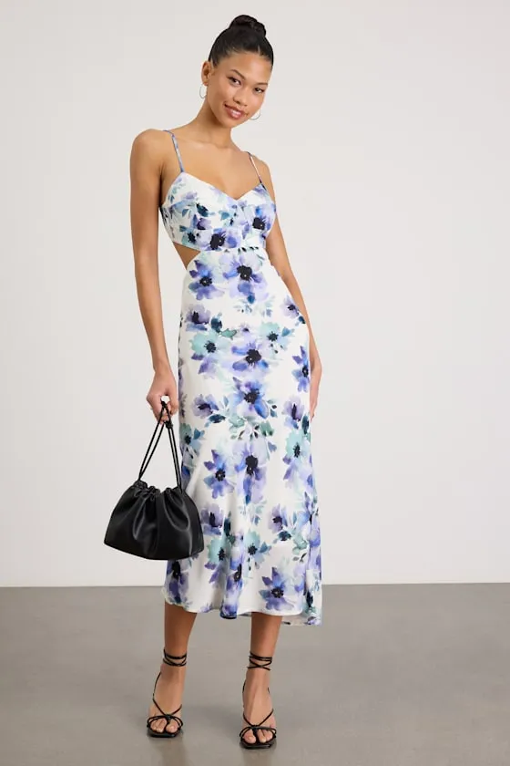 Janetta White Multi Floral Cutout Midi Dress sold by Lulus