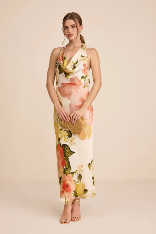 Diane White Multi Floral Cowl Maxi Dress made by Lulus