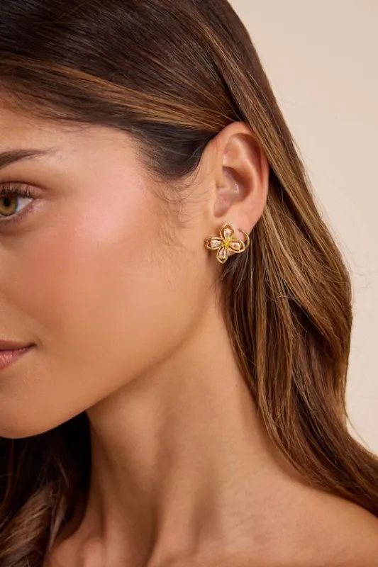 Imelda Gold Rhinestone Flower Earrings made by Lulus