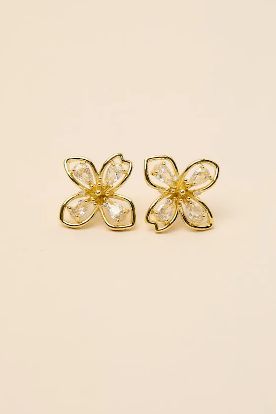 Imelda Gold Rhinestone Flower Earrings sold by Lulus product image thumbnail 4