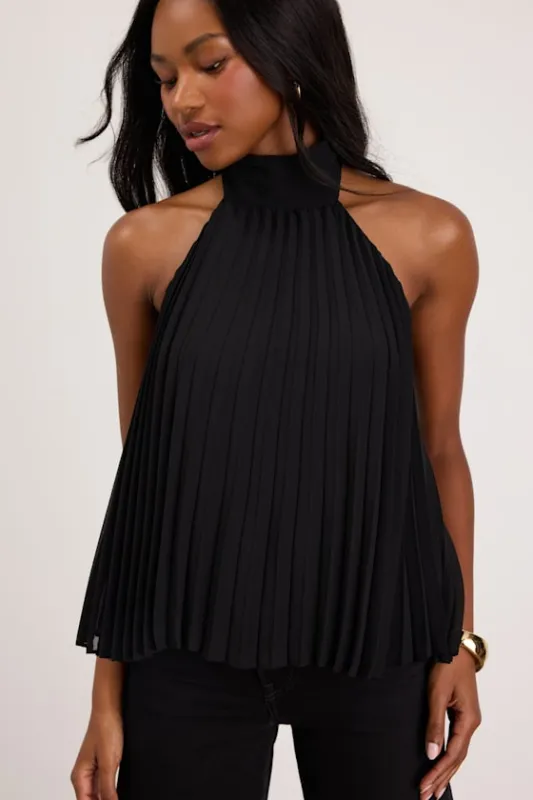 Twyla Black Pleated Halter Tank Top made by Lulus