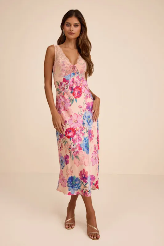 Jaylene Blush Multi Floral Lace Tie-Front Midi Dress made by Lulus