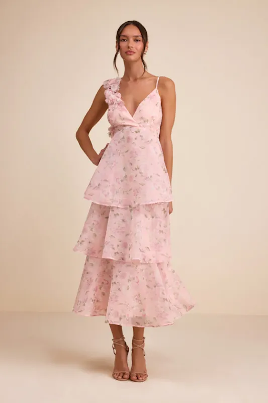 Daleyza Light Pink Floral Organza Tiered Midi Dress made by Lulus