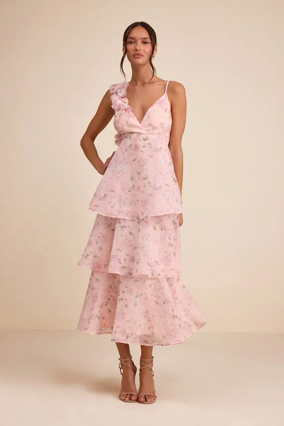 Daleyza Light Pink Floral Organza Tiered Midi Dress sold by Lulus