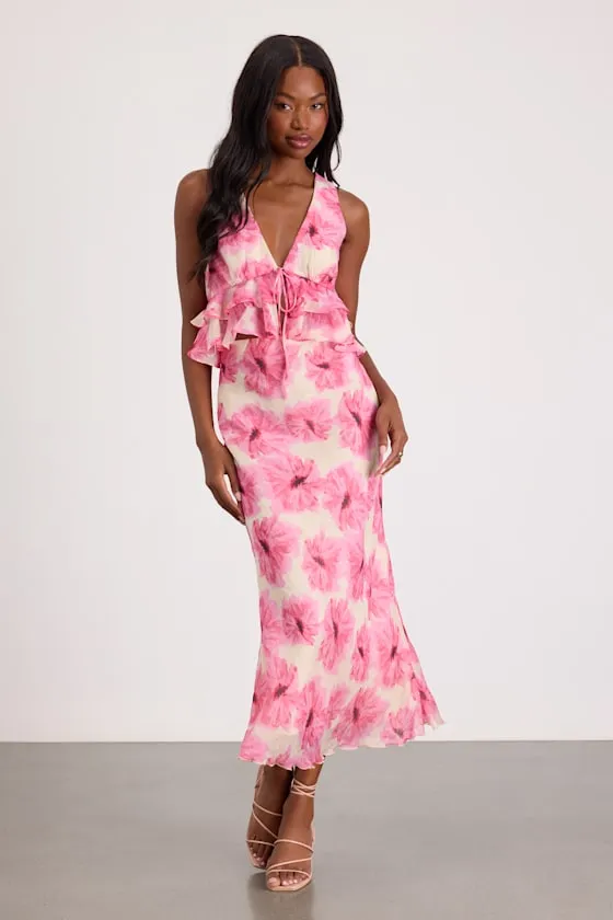 Lilith Cream and Pink Floral Midi Skirt sold by Lulus