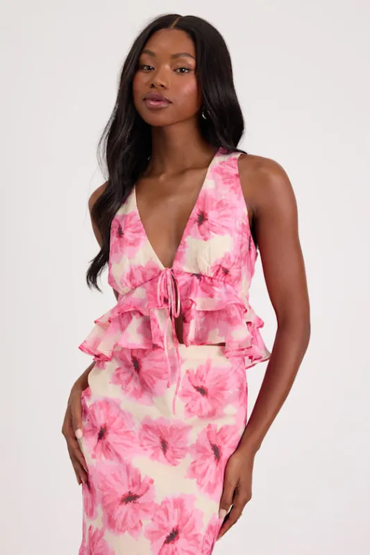 Lilith Cream and Pink Floral Ruffled Tank Top made by Lulus