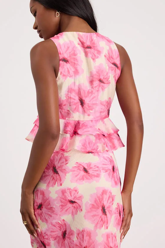 Lilith Cream and Pink Floral Ruffled Tank Top sold by Lulus product image thumbnail 3