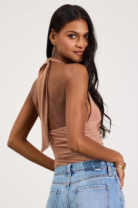 Astrid Light Brown Slinky Knit Halter Bodysuit sold by Lulus product image thumbnail 2