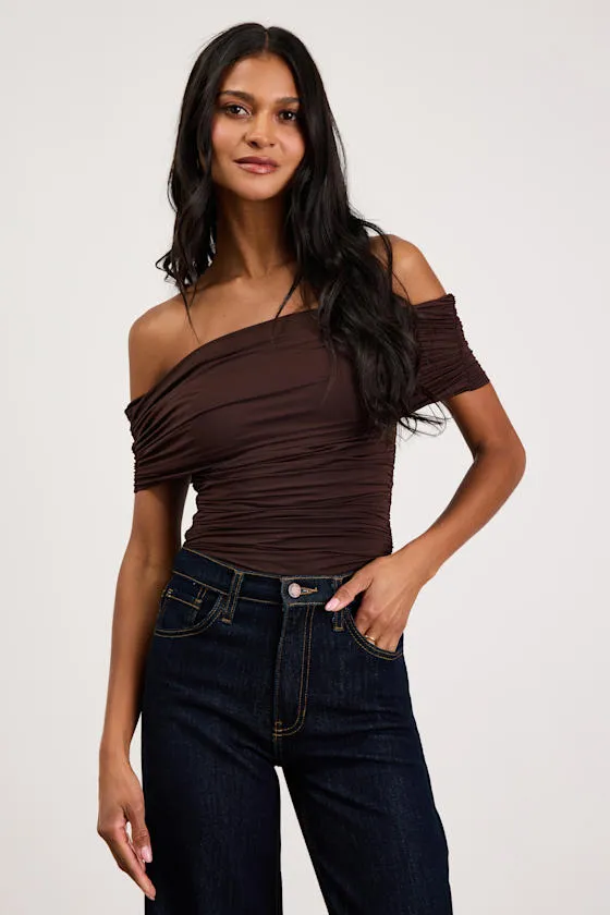 Jarena Dark Brown Ruched Off-the-Shoulder Top sold by Lulus