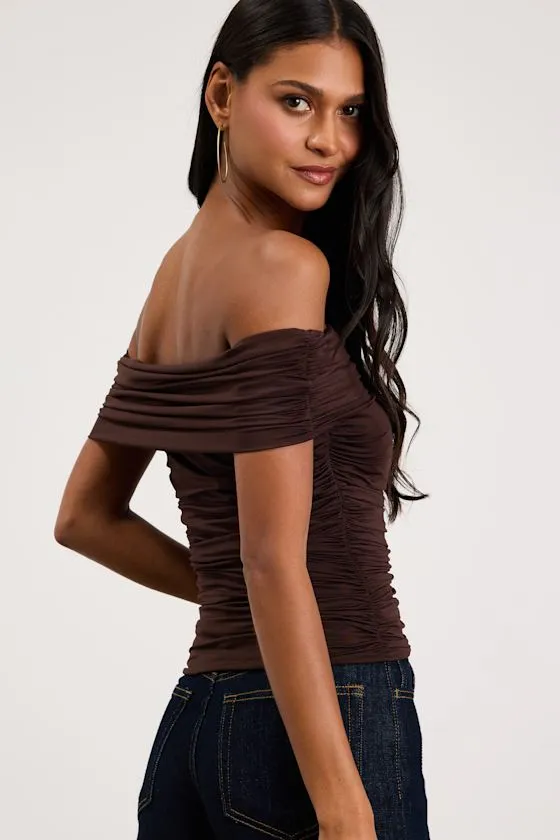 Jarena Dark Brown Ruched Off-the-Shoulder Top sold by Lulus product image thumbnail 3