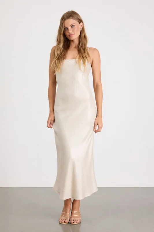 Frana Beige Tie-Back Slip Midi Dress made by Lulus