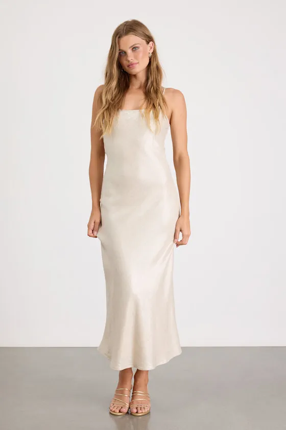 Frana Beige Tie-Back Slip Midi Dress sold by Lulus