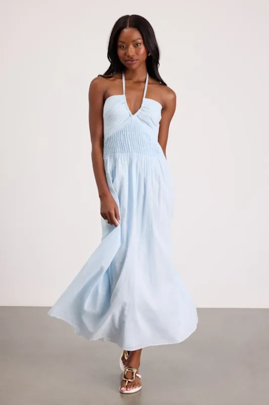 Kylene Light Blue Pleated Halter Maxi Dress made by Lulus