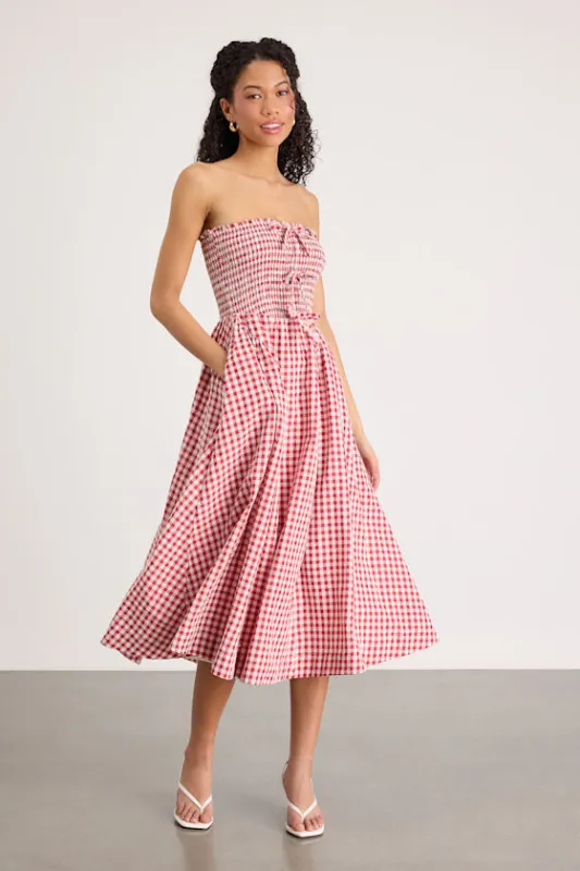 Clementina Red Gingham Smocked Midi Dress made by Lulus