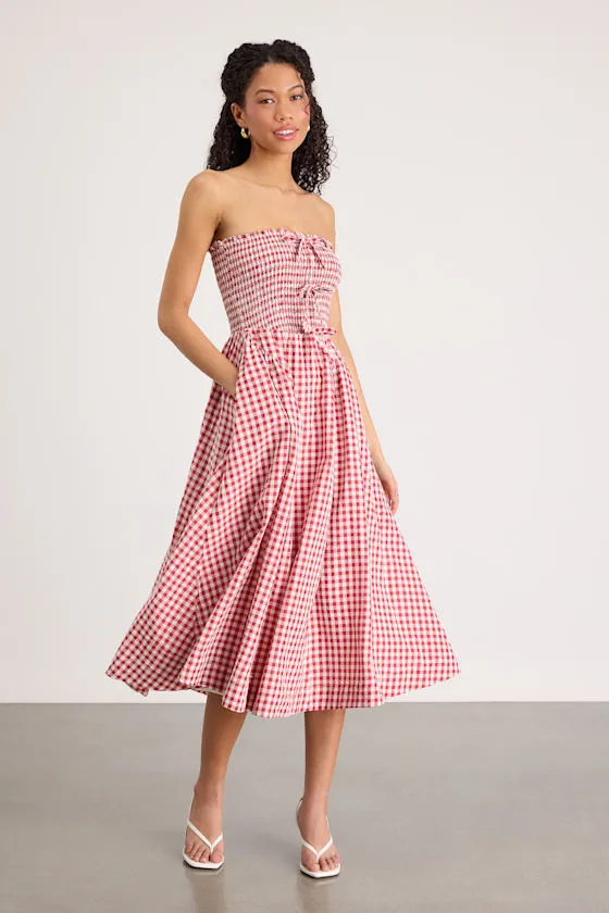 Clementina Red Gingham Smocked Midi Dress sold by Lulus