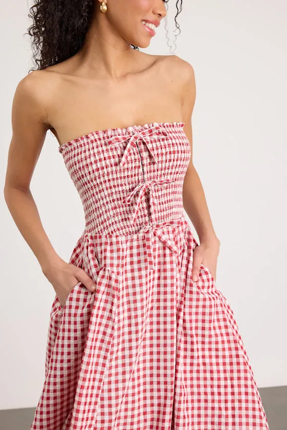 Clementina Red Gingham Smocked Midi Dress sold by Lulus product image thumbnail 2