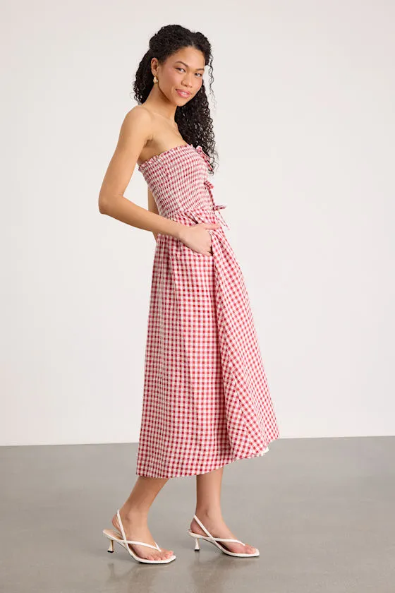 Clementina Red Gingham Smocked Midi Dress sold by Lulus product image thumbnail 4