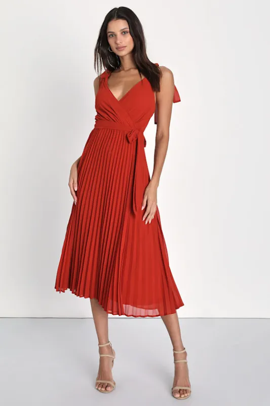 Charming Connection Rust Red Pleated Tie-Strap Midi Dress made by Lulus