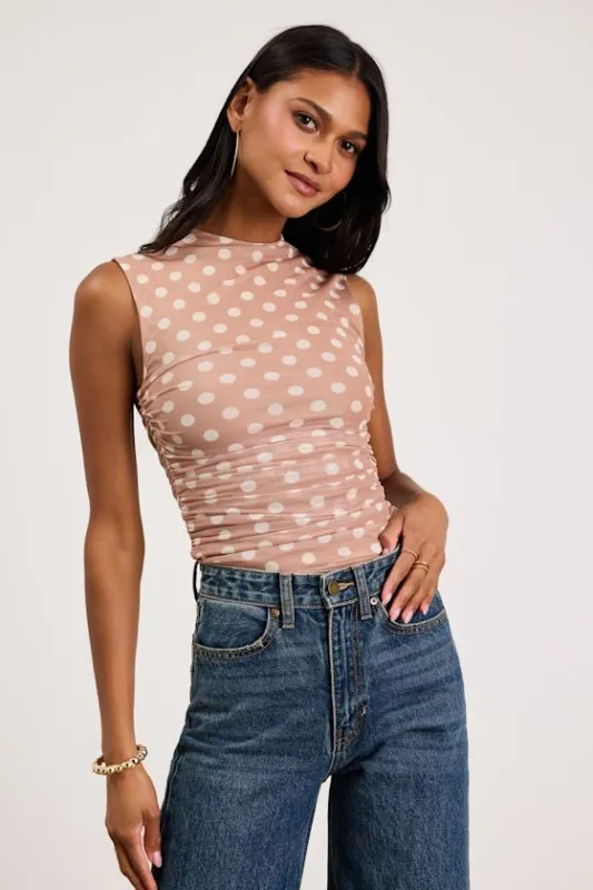 Kinsley Beige Polka Dot Mesh Mock Neck Tank Top made by Lulus
